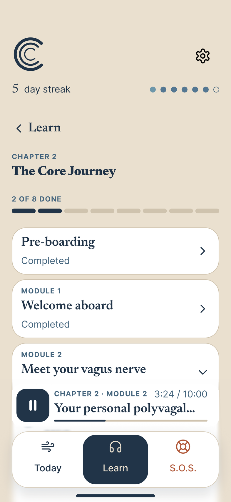 Chapter 2, The Core Journey, open in Learn in Day mode, with sample data: 2 of 8 done. It lists Pre-boarding, completed; Module 1, Welcome aboard, completed; and Module 2, Meet your vagus nerve, opened. A mini player for Your personal polyvagal map, from Chapter 2, Module 2, at 3:24 of 10:00, covers the rest of the list, above the Today, Learn and S.O.S. tabs, with Learn selected.