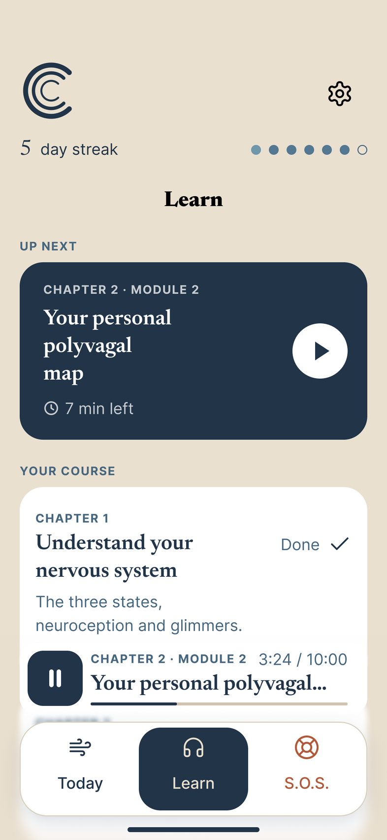 The Learn screen in Day mode, with sample data. Under Up next, a card for Chapter 2, Module 2, Your personal polyvagal map, 7 minutes left, with a play button. Under Your course, Chapter 1, Understand your nervous system, is marked Done. A mini player for the same module, at 3:24 of 10:00, sits above the Today, Learn and S.O.S. tabs.