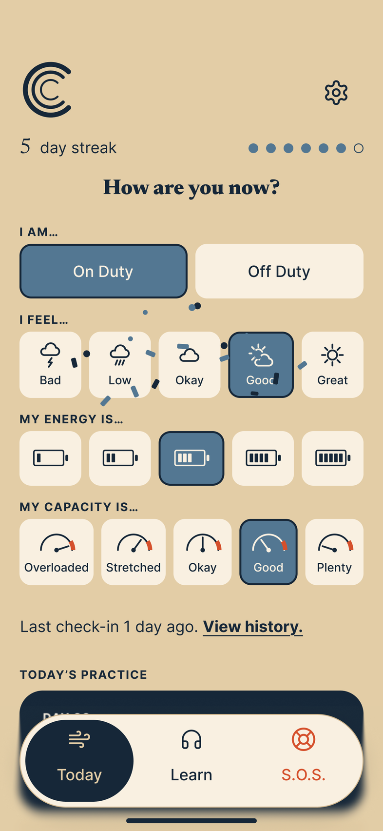 The Today screen in Day mode, tan with dark type and cream buttons, with sample data: a check-in just saved, with On Duty, Good (a sun behind a cloud), the third battery and Good capacity selected, and a little confetti around them.