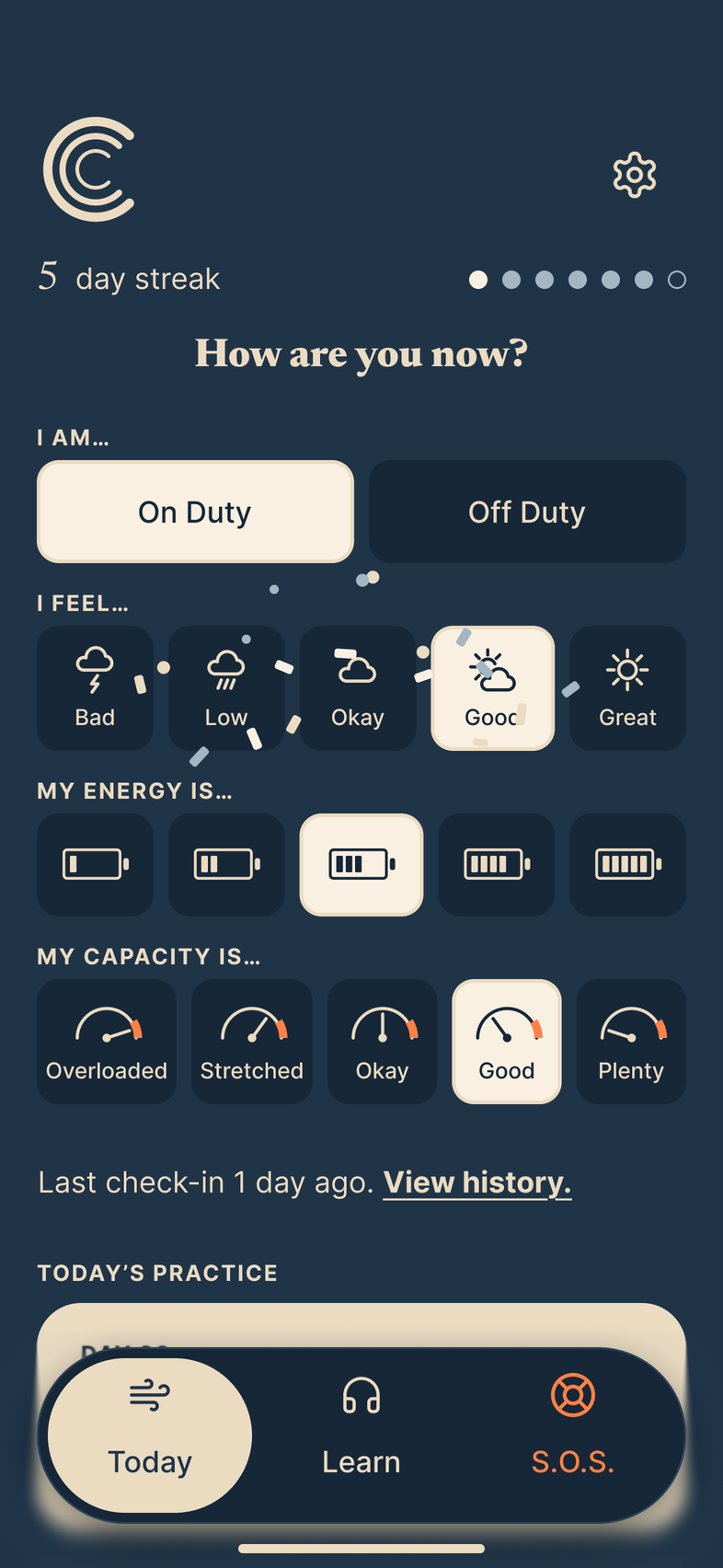 The same Today screen in Night mode, deep navy with sand type and dark buttons, sand for the selected ones, with the same sample data.
