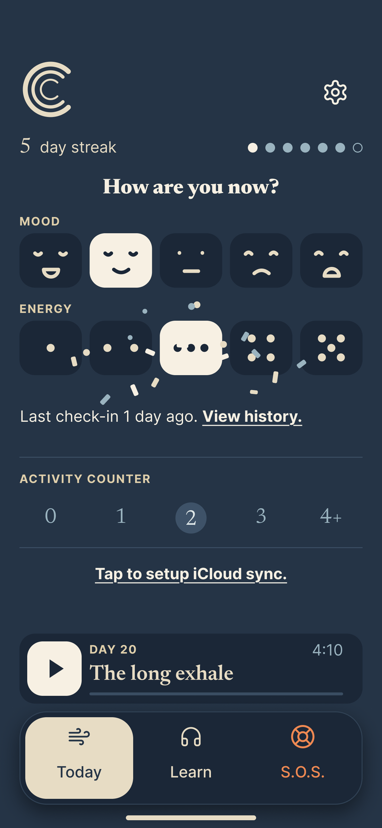 The same Today screen in Night mode, deep navy with white type, dark buttons and sand for the selected ones, with the same sample data.